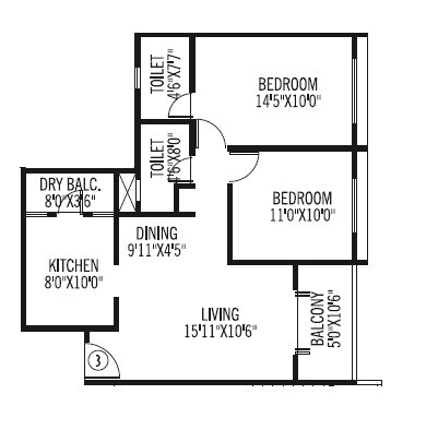 Floor plan of 2 BHK 759 Sq. Ft. Apartment in Vasant Estella, Pune