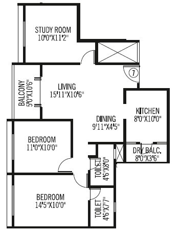Floor plan of 2 BHK 889 Sq. Ft. Apartment in Vasant Estella, Pune