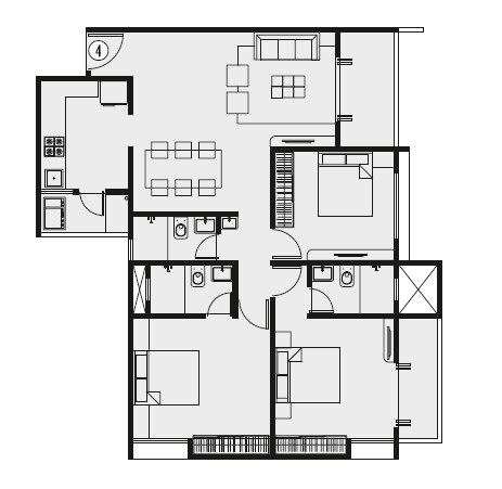 Floor plan of 3 BHK 1074 Sq. Ft. Apartment in Vasant Estella, Pune