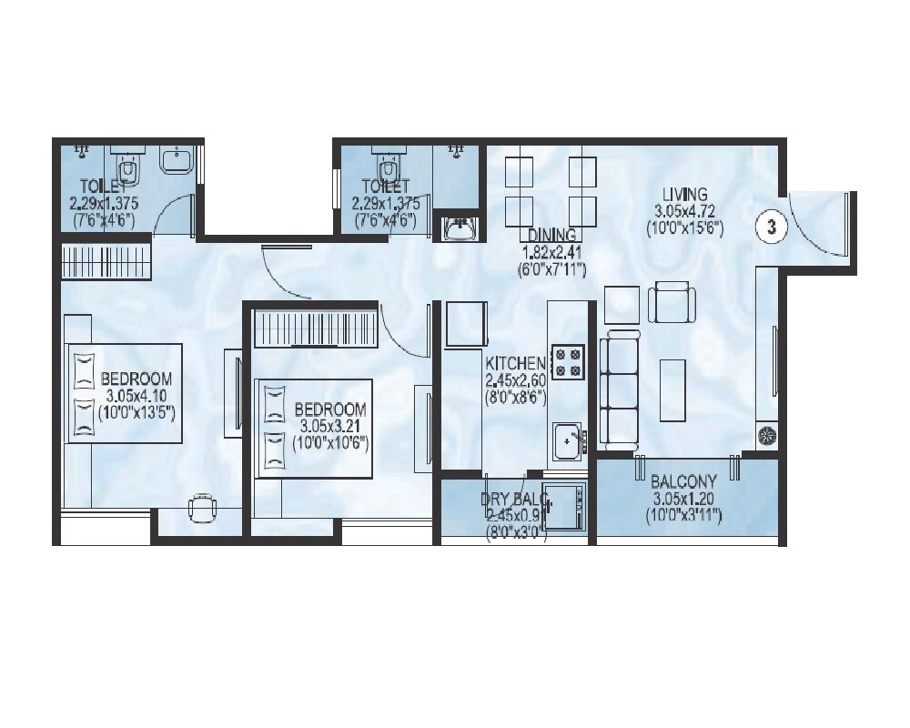 Floor plan of 2 BHK 742 Sq. Ft. Apartment in Vasant Infinia, Pune