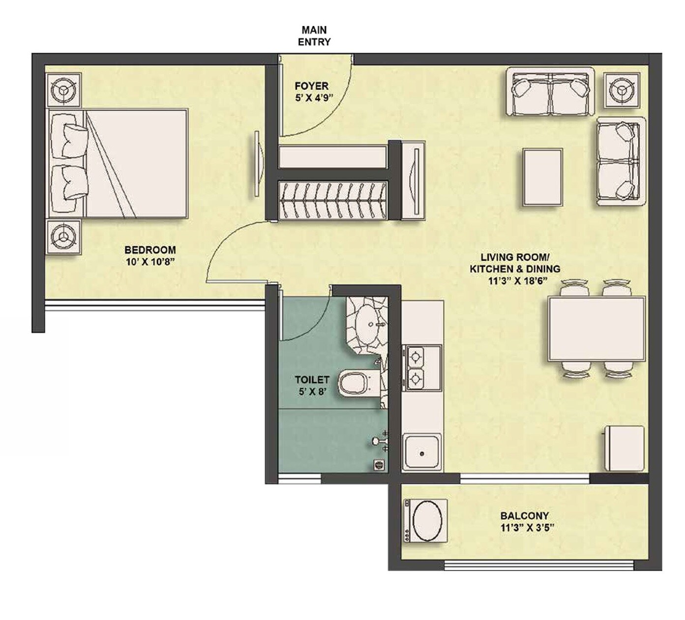 Floor plan of 1 BHK Apartment - 470 sq. ft. in Vascon Citron Phase 2, Pune