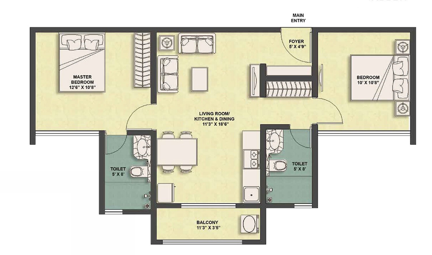 Floor plan of 2 BHK Apartment - 561 sq. ft. in Vascon Citron Phase 2, Pune