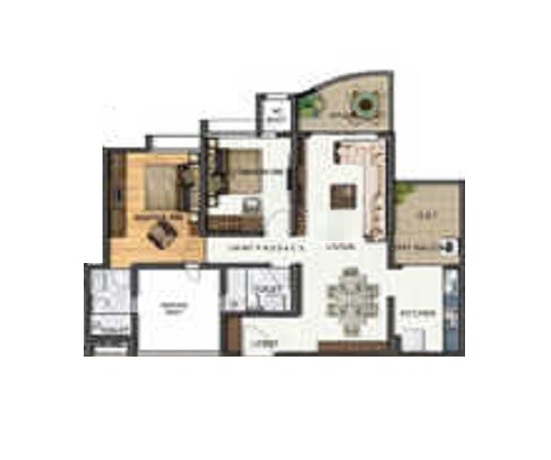 Floor plan of 2 BHK 869 Sq. Ft. Apartment in Vascon Forest County, Pune