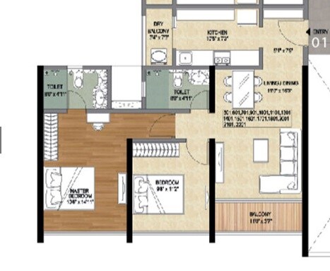 Floor plan of 2 BHK 699 Sq. Ft. Apartment in Vascon Forest Edge, Pune