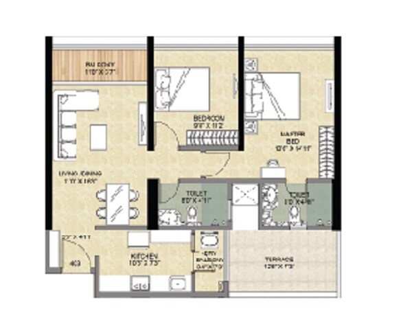 Floor plan of 2 BHK 683 Sq. Ft. Apartment in Vascon Forest Edge Phase 2, Pune
