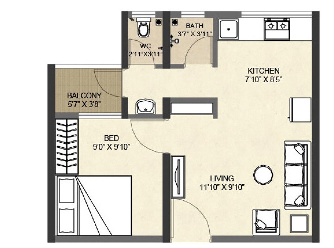 Floor plan of 1 BHK 312 Sq. Ft. Apartment in Vascon Goodlife, Pune
