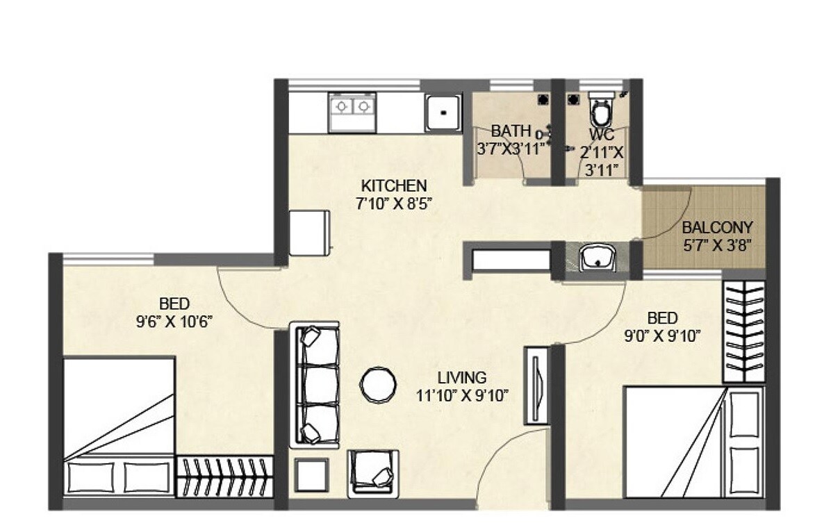 Floor plan of 2 BHK 393 Sq. Ft. Apartment in Vascon Goodlife Phase A, Pune
