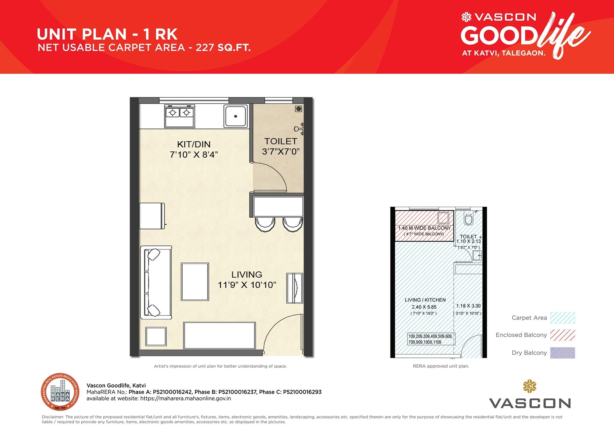 Floor plan of 227 Sq. Ft. Studio in Vascon Goodlife Phase A, Pune