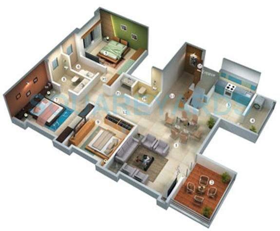 Floor plan of 3 BHK 1680 Sq. Ft. Apartment in Vascon Willows, Pune