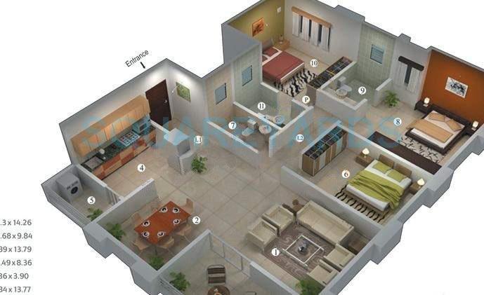 Floor plan of 3 BHK 1860 Sq. Ft. Apartment in Vascon Willows, Pune