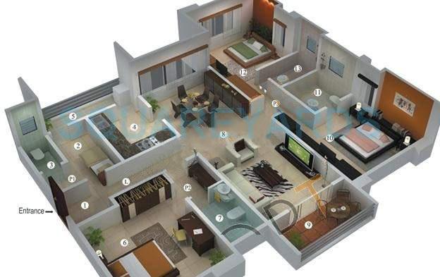 Floor plan of 3 BHK 2010 Sq. Ft. Apartment in Vascon Willows, Pune