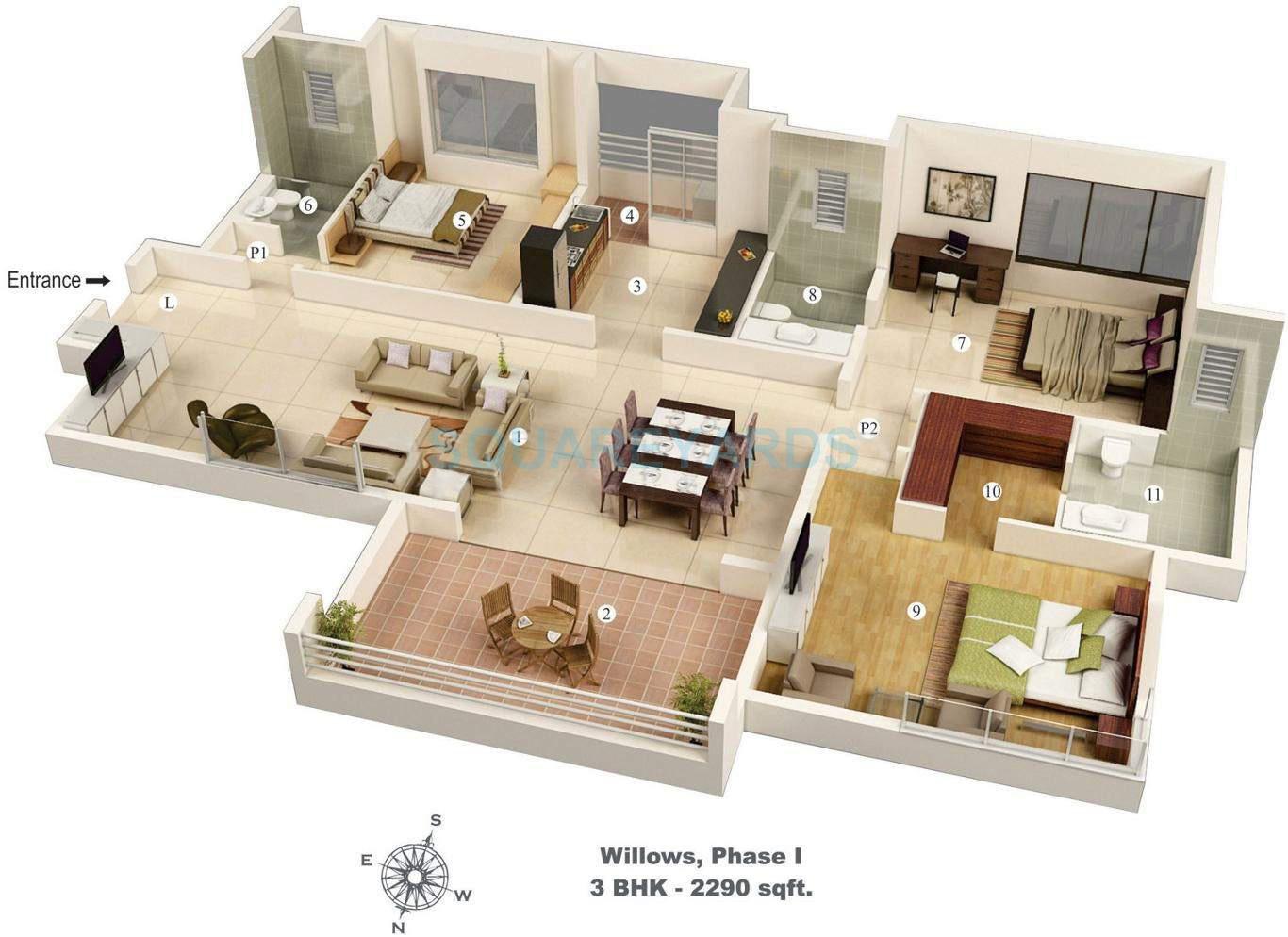 Floor plan of 3 BHK 2300 Sq. Ft. Apartment in Vascon Willows, Pune