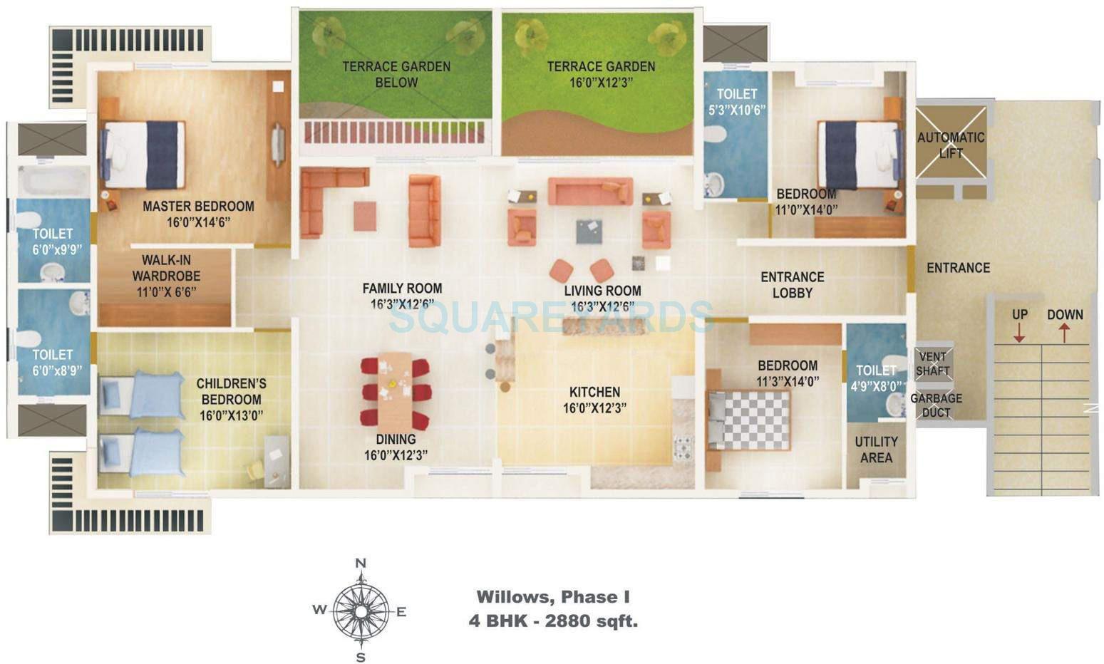 Floor plan of 4 BHK 2880 Sq. Ft. Apartment in Vascon Willows, Pune