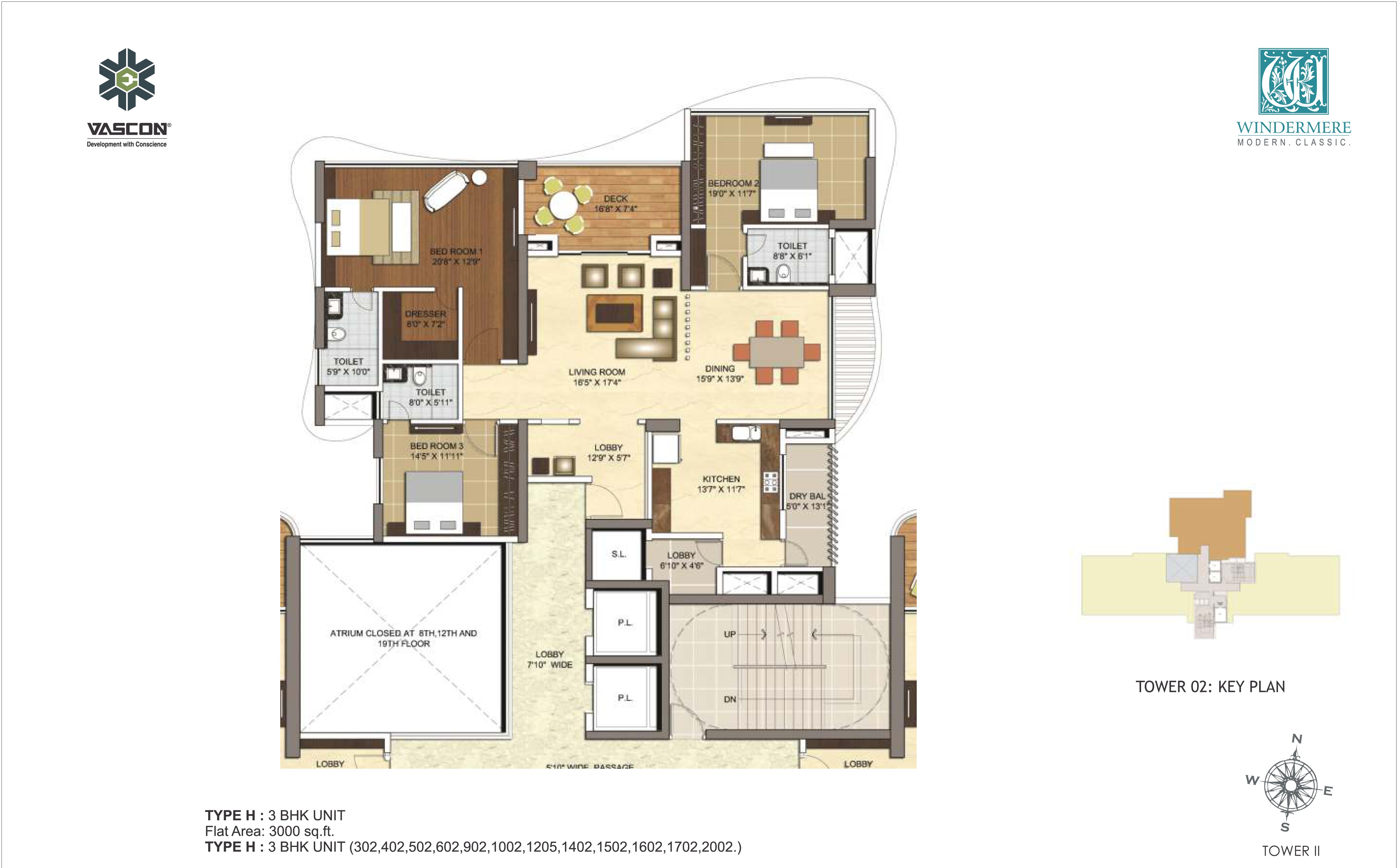 Floor plan of 3 BHK 3000 Sq. Ft. Apartment in Vascon Windermere, Pune