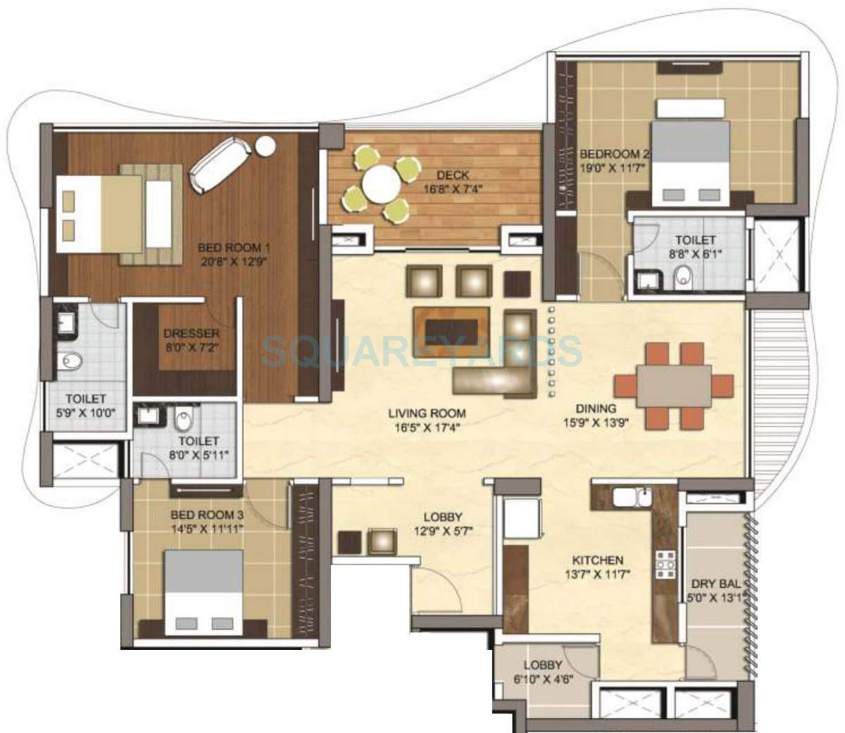 Floor plan of 3 BHK 3300 Sq. Ft. Apartment in Vascon Windermere, Pune