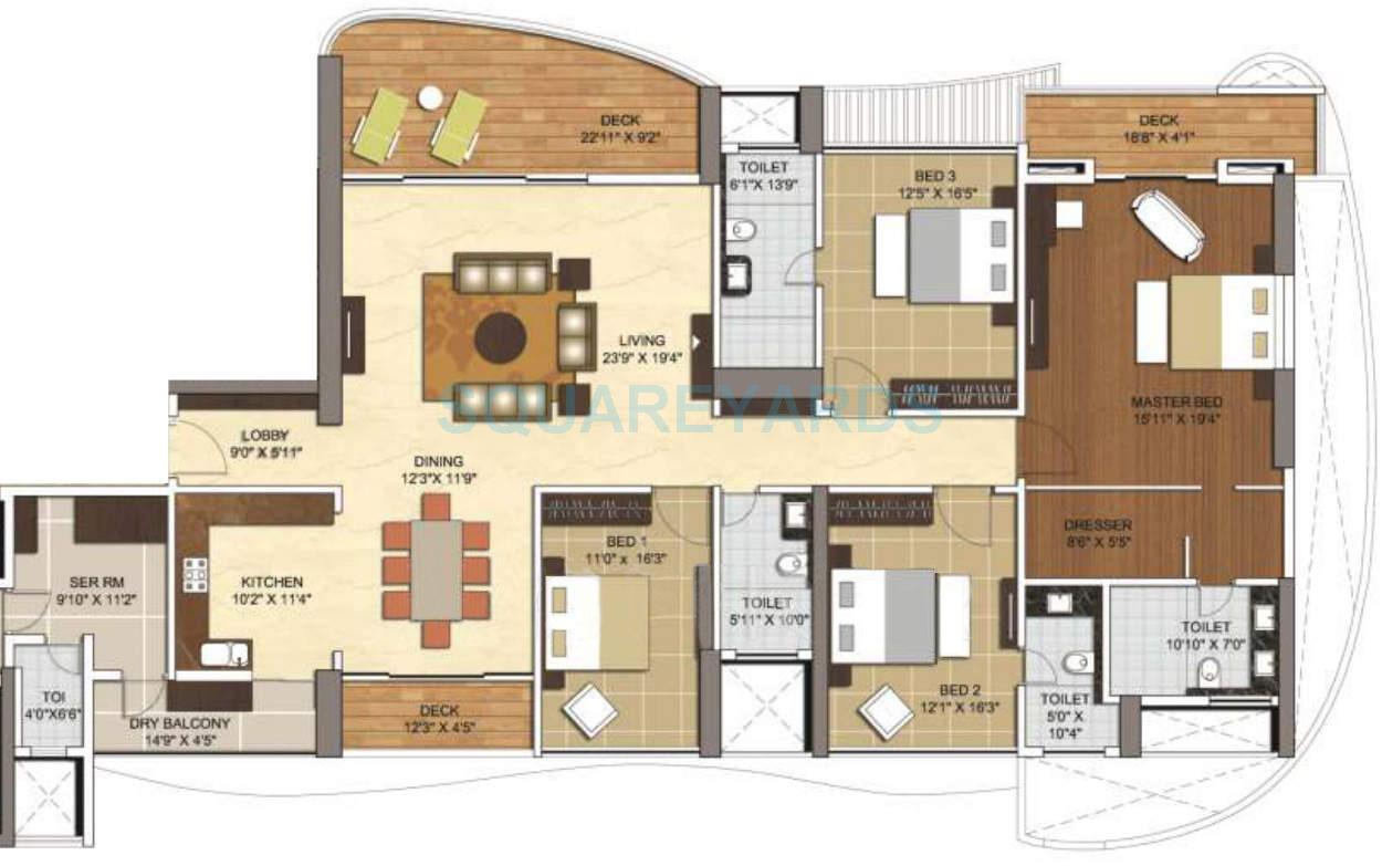 Floor plan of 4 BHK 3800 Sq. Ft. Apartment in Vascon Windermere, Pune