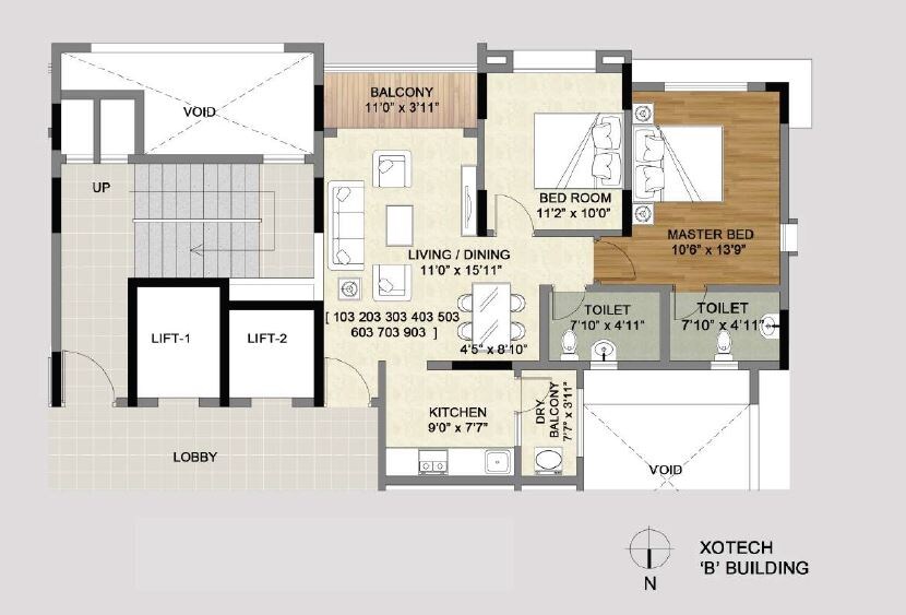 Floor plan of 3 BHK 785 Sq. Ft. Apartment in Vascon Xotech, Pune