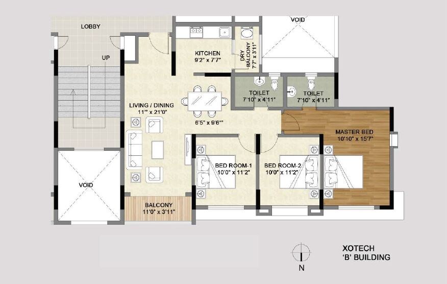 Floor plan of 3 BHK 1054 Sq. Ft. Apartment in Vascon Xotech, Pune