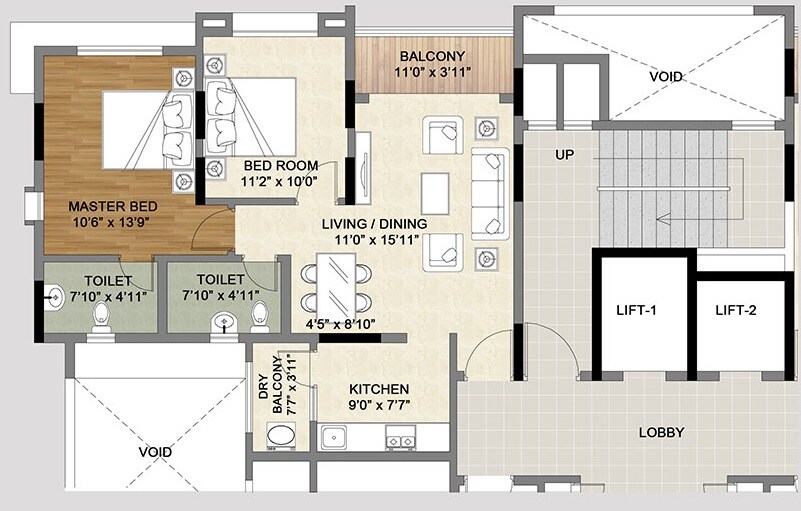 Floor plan of 2 BHK 681 Sq. Ft. Apartment in Vascon Xotech Homes phase 2, Pune