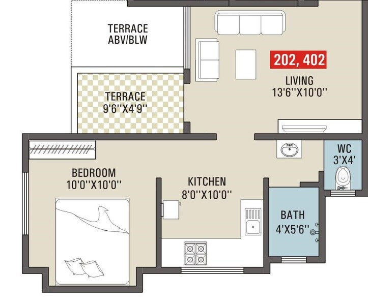 Floor plan of 1 BHK 568 Sq. Ft. Apartment in Vastu Prathamesh Phase 2, Pune
