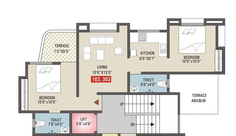 Floor plan of 2 BHK 764 Sq. Ft. Apartment in Vastu Prathamesh Phase 2, Pune