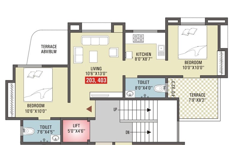 Floor plan of 2 BHK 799 Sq. Ft. Apartment in Vastu Prathamesh Phase 2, Pune