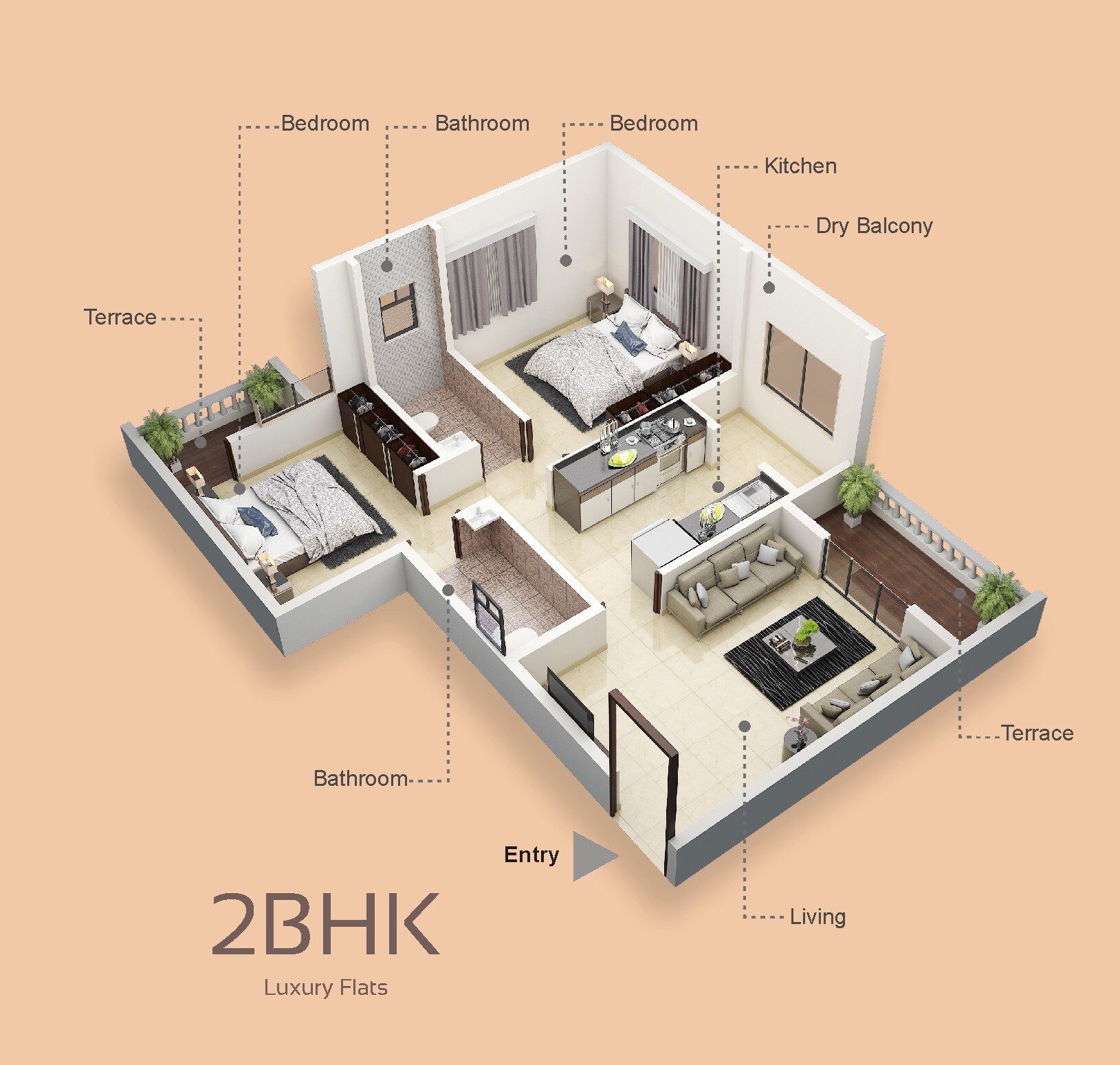 Floor plan of 2 BHK 580 Sq. Ft. Apartment in Vastu Rajyog, Pune