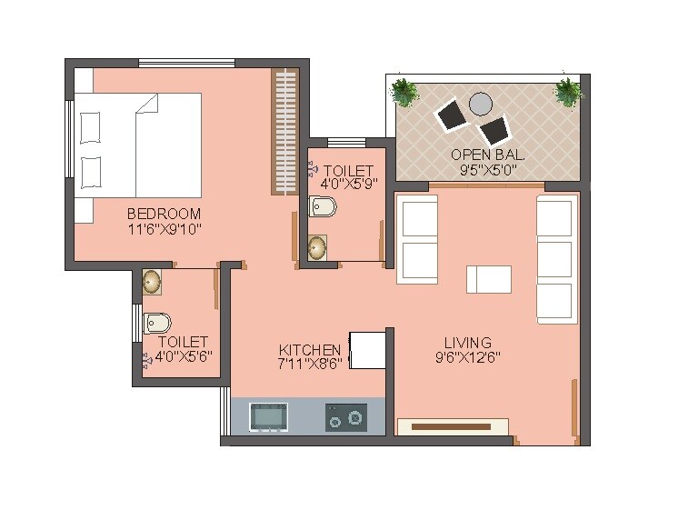 Floor plan of 1 BHK 414 Sq. Ft. Apartment in Vastu Savali Residency, Pune