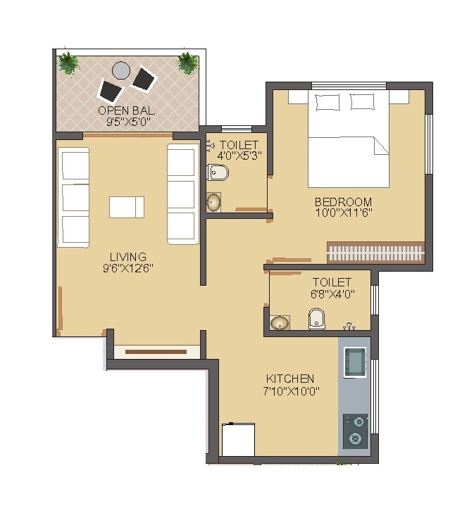 Floor plan of 1 BHK 509 Sq. Ft. Apartment in Vastu Savali Residency, Pune