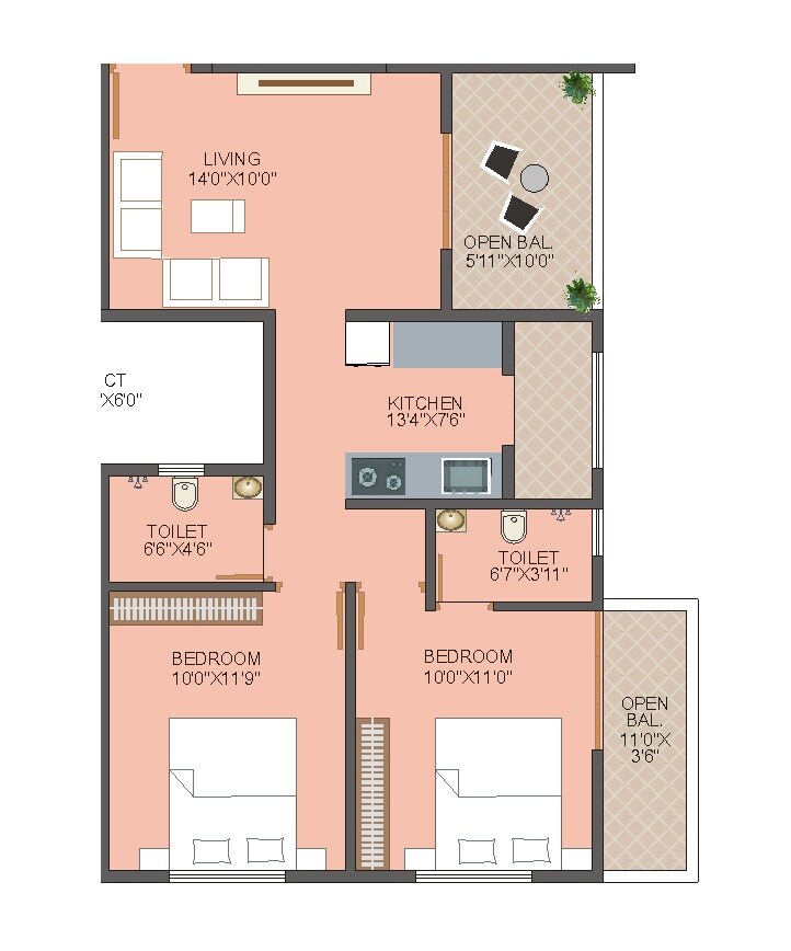 Floor plan of 2 BHK 685 Sq. Ft. Apartment in Vastu Savali Residency, Pune