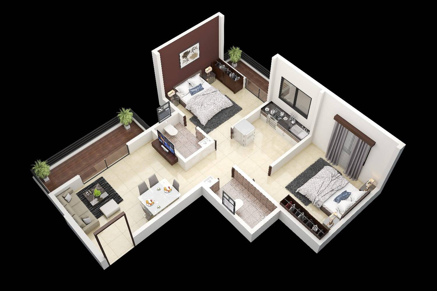 Floor plan of 2 BHK 613 Sq. Ft. Apartment in Vastu Shilp Apartments, Pune