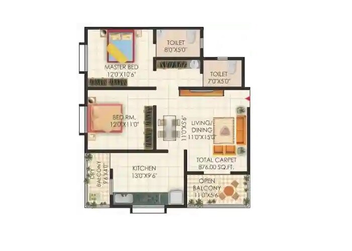 Floor plan of 2 BHK Apartment - 876 sq. ft. in Vastu Vinayak, Pune