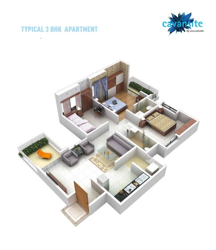 Floor plan of 3 BHK 986 Sq. Ft. Apartment in Vastushodh Cavansite, Pune