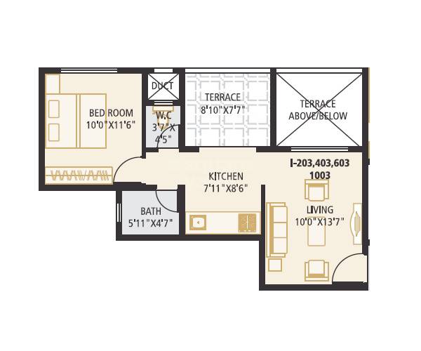 Floor plan of 1 BHK 357 Sq. Ft. Apartment in Vastushodh Urbangram Chakan, Pune