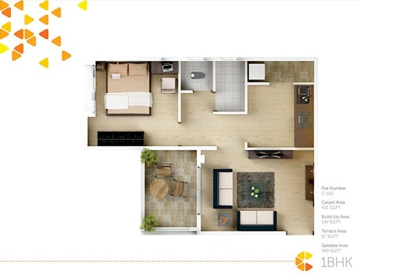 Floor plan of 1 BHK 421 Sq. Ft. Apartment in Vastushodh Urbangram Pirangut, Pune