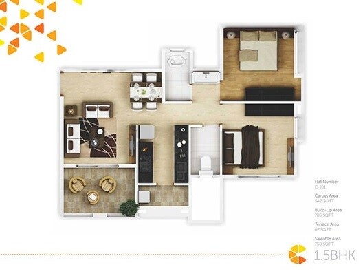 Floor plan of 2 BHK 542 Sq. Ft. Apartment in Vastushodh Urbangram Pirangut, Pune