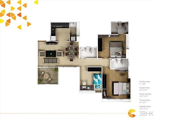Floor plan of 3 BHK 844 Sq. Ft. Apartment in Vastushodh Urbangram Pirangut, Pune