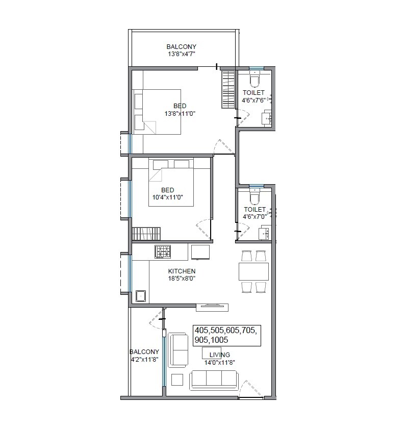 Floor plan of 2 BHK 816 Sq. Ft. Apartment in Vastushree Residency, Pune