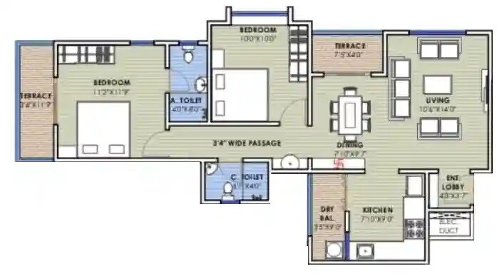 Floor plan of 2 BHK 491 Sq. Ft. Apartment in Vastuspace Stella Apex, Pune