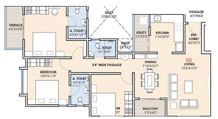 Floor plan of 3 BHK 773 Sq. Ft. Apartment in Vastuspace Stella Apex, Pune