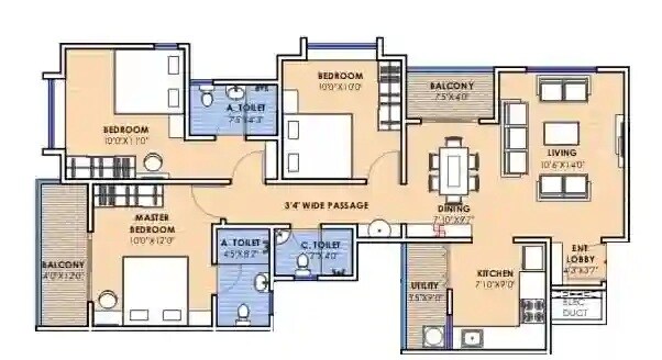 Floor plan of 3 BHK 833 Sq. Ft. Apartment in Vastuspace Stella Apex, Pune