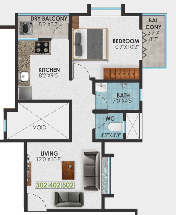Floor plan of 1 BHK 522 Sq. Ft. Apartment in Vastuspace Stella Blue, Pune