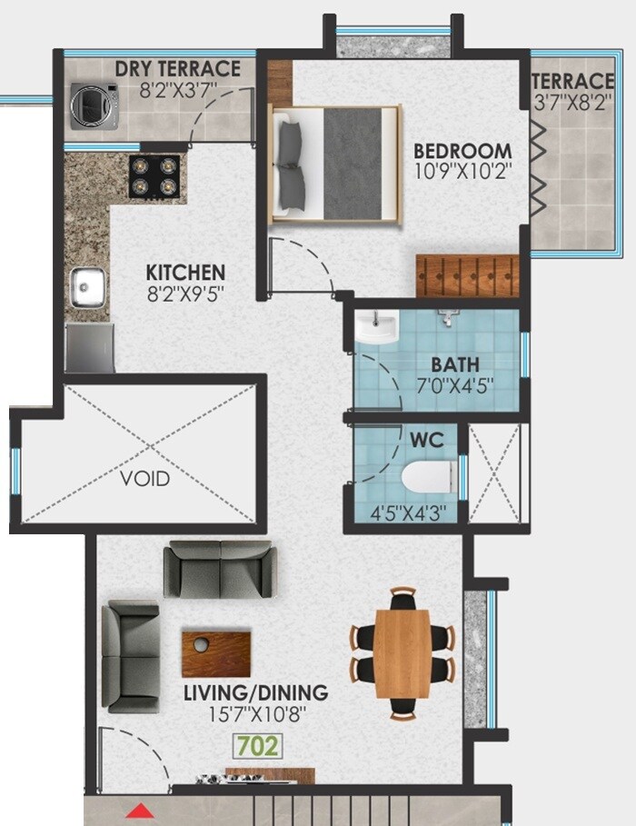 Floor plan of 1 BHK 586 Sq. Ft. Apartment in Vastuspace Stella Blue, Pune