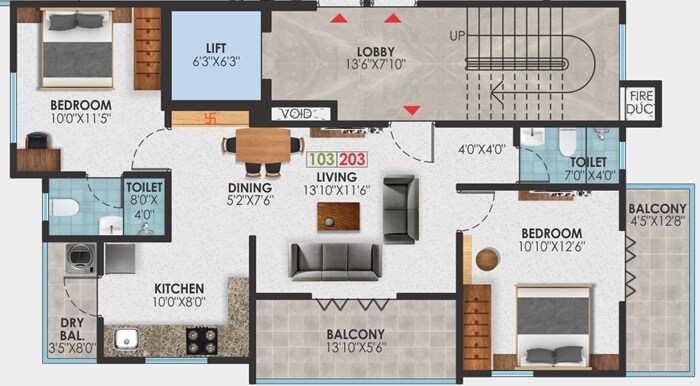 Floor plan of 2 BHK 820 Sq. Ft. Apartment in Vastuspace Stella Blue, Pune