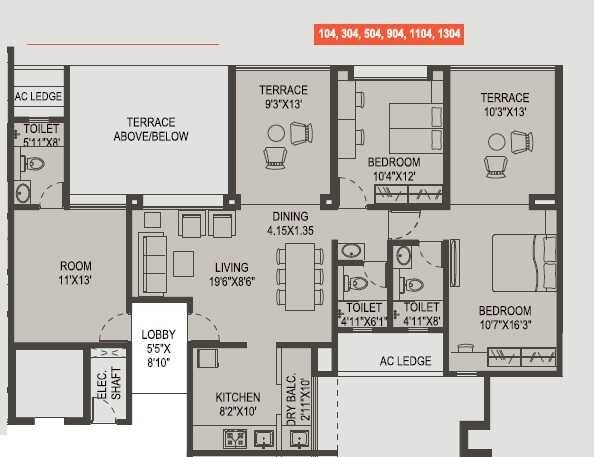 Floor plan of 3 BHK 1208 Sq. Ft. Apartment in Vasudha Etasha, Pune