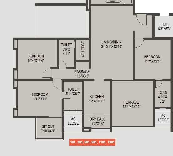 Floor plan of 3 BHK 1377 Sq. Ft. Apartment in Vasudha Etasha, Pune