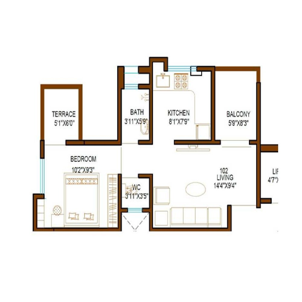 Floor plan of 1 BHK 436 Sq. Ft. Apartment in Vasundhara Heritage, Pune