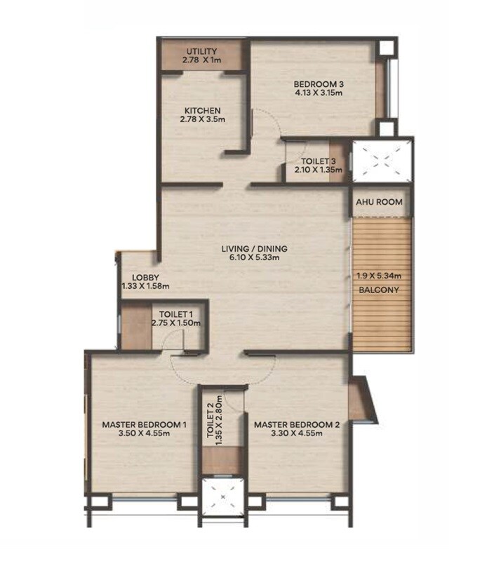 Floor plan of 3 BHK 1290 Sq. Ft. Apartment in Vasupujya Neco Lakshya, Pune