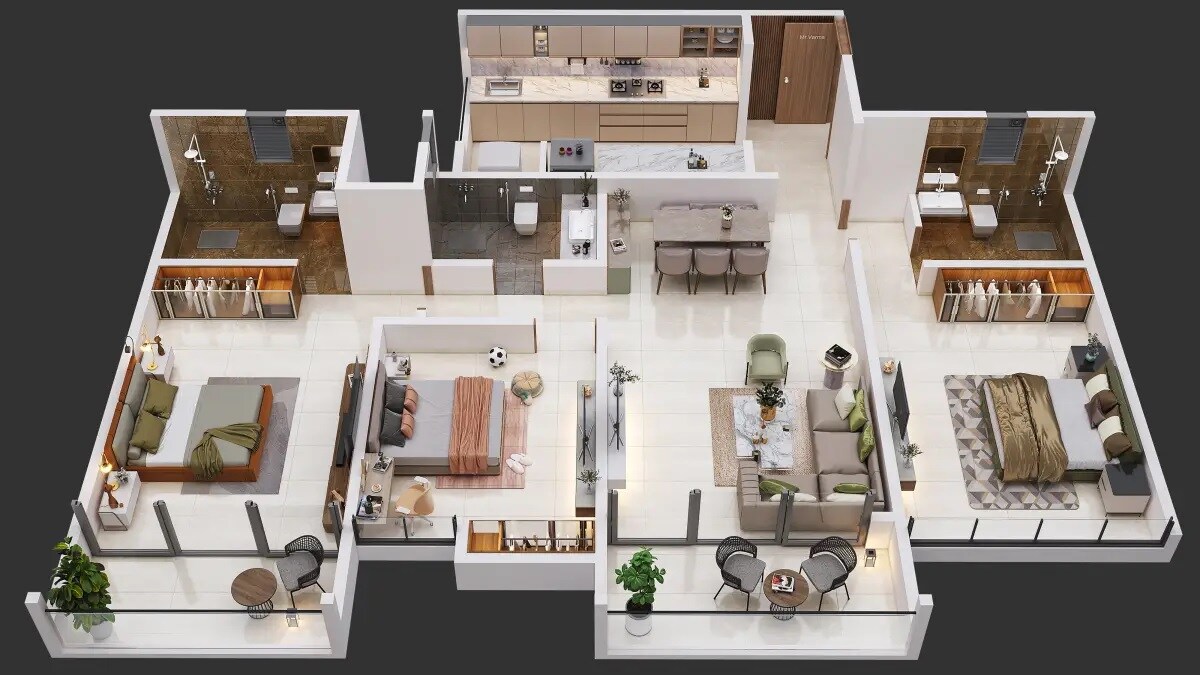 Floor plan of 3 BHK 1174 Sq. Ft. Apartment in Vasupujya Neco Park Central, Pune