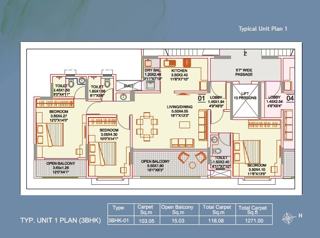 Floor plan of 3 BHK 1271 Sq. Ft. Apartment in Vatsalya Puram, Pune